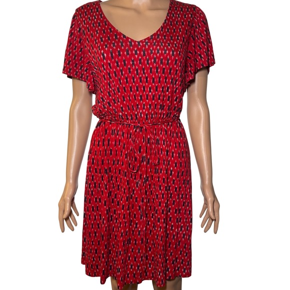 LOFT Dresses & Skirts - LOFT Red Ikat Print Flutter Sleeve V Neck Tie Waist‎ Dress Women's Size S